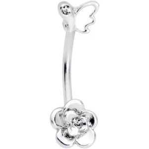 16 Gauge 3/8 Clear Gem White Butterfly Flower Curved Eyebrow Ring
