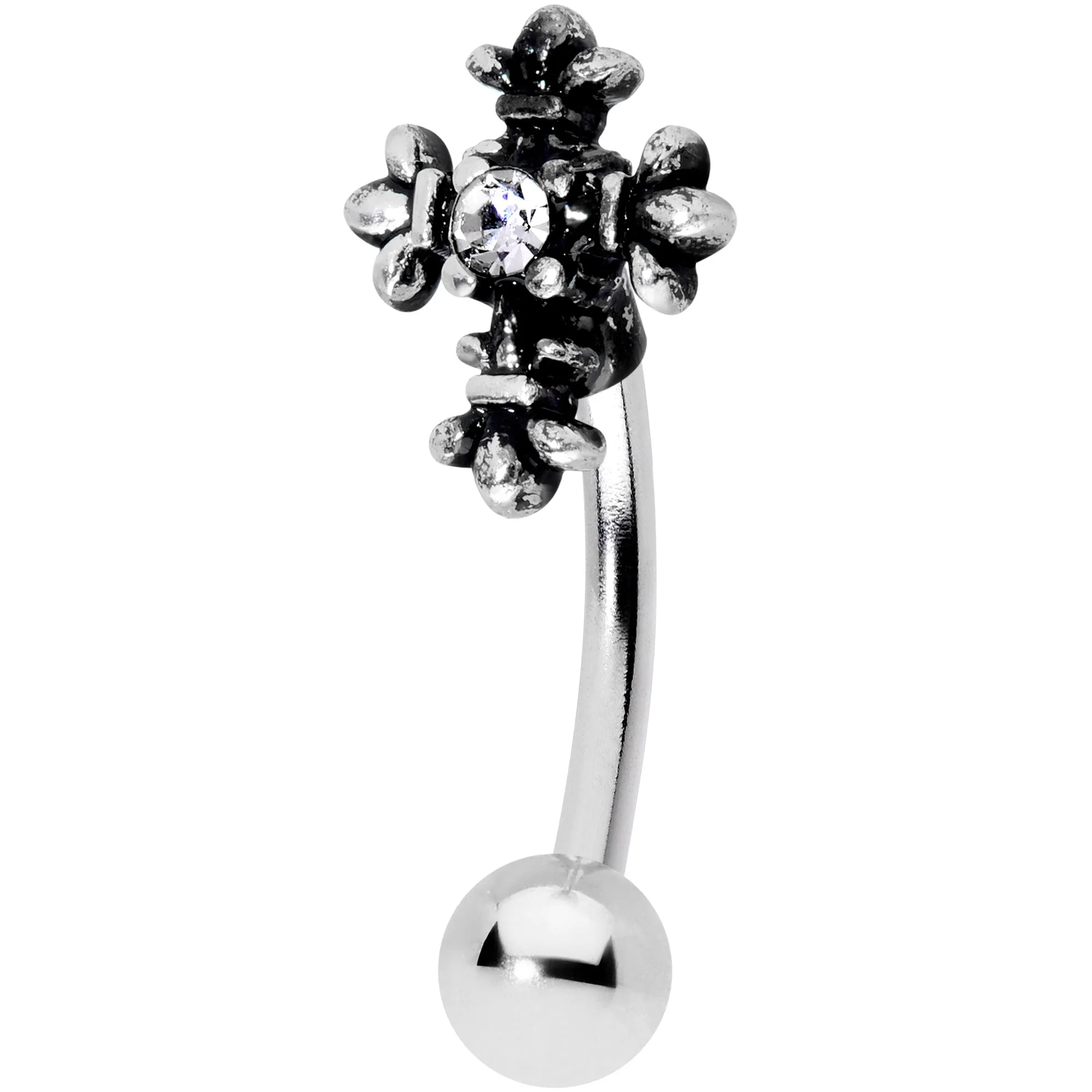 16 Gauge 5/16 Clear Gem Renaissance Cross Curved Eyebrow Ring