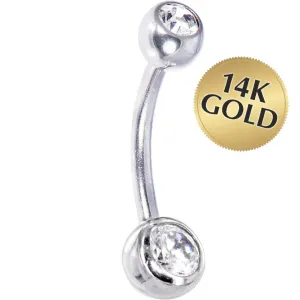 16 Gauge Solid 14kt White Gold Cubic Zirconia Double Gem Belly Ring