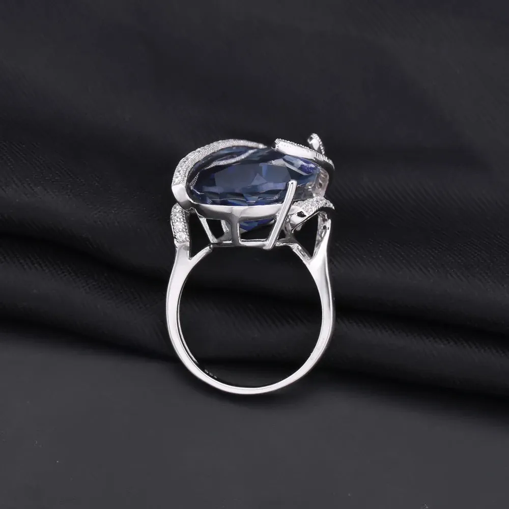 17.8Ct Natural Iolite Blue Mystic Quartz Gemstone Cocktail Ring 925 Sterling Silver