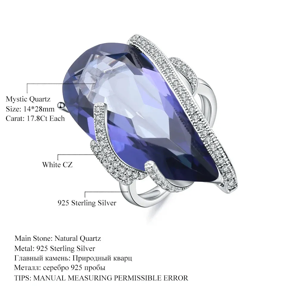 17.8Ct Natural Iolite Blue Mystic Quartz Gemstone Cocktail Ring 925 Sterling Silver