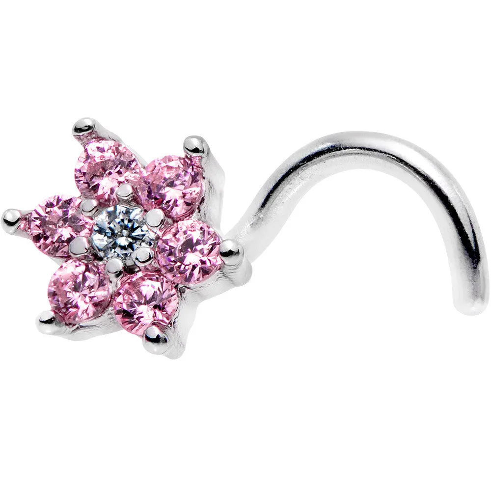 18 Gauge 1/4 Pink and Clear CZ Gem Flower Left Nose Screw
