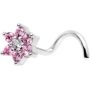 18 Gauge 1/4 Pink and Clear CZ Gem Flower Left Nose Screw