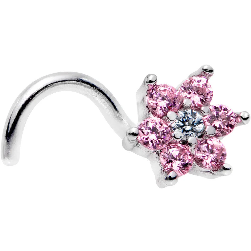 18 Gauge 1/4 Pink and Clear CZ Gem Flower Right Nose Screw