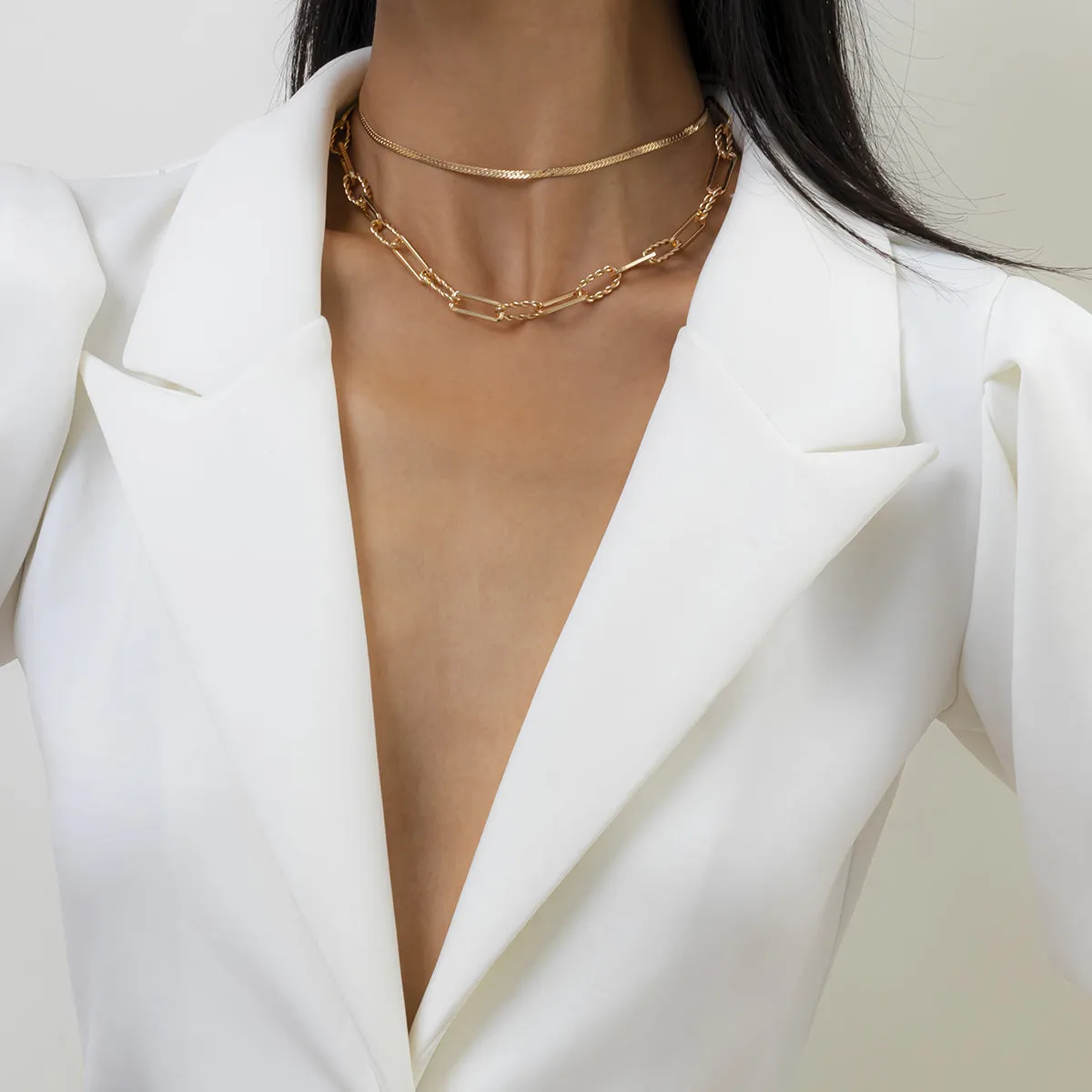 18K Gold-Plated Herringbone Cable Chain Choker Set