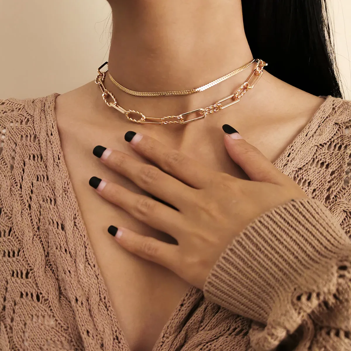18K Gold-Plated Herringbone Cable Chain Choker Set
