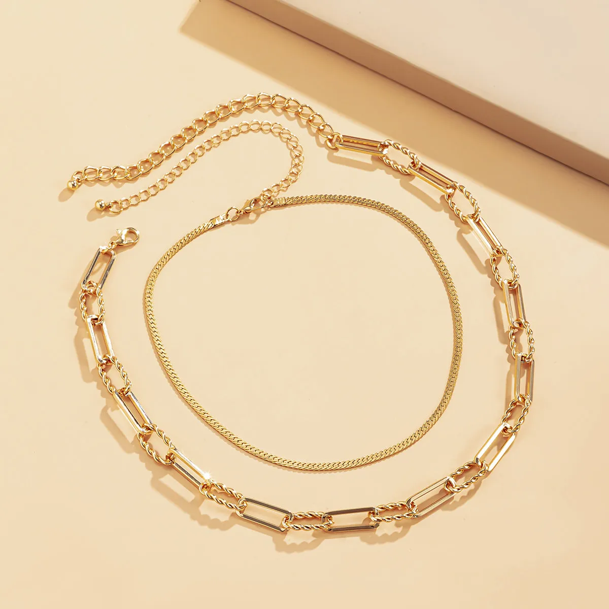 18K Gold-Plated Herringbone Cable Chain Choker Set