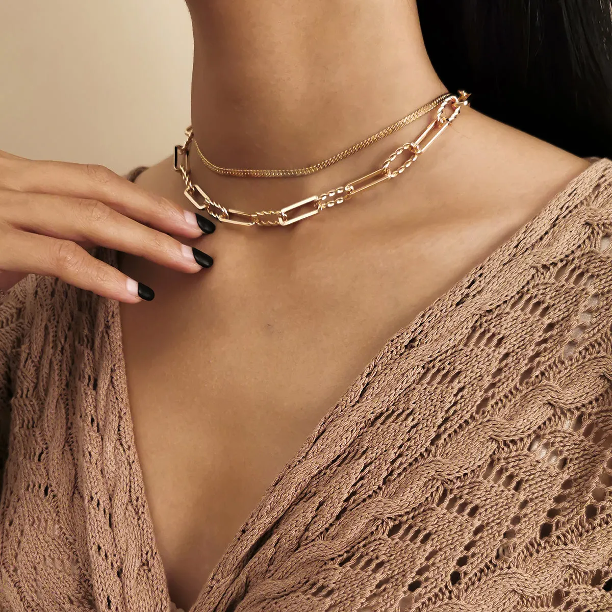 18K Gold-Plated Herringbone Cable Chain Choker Set