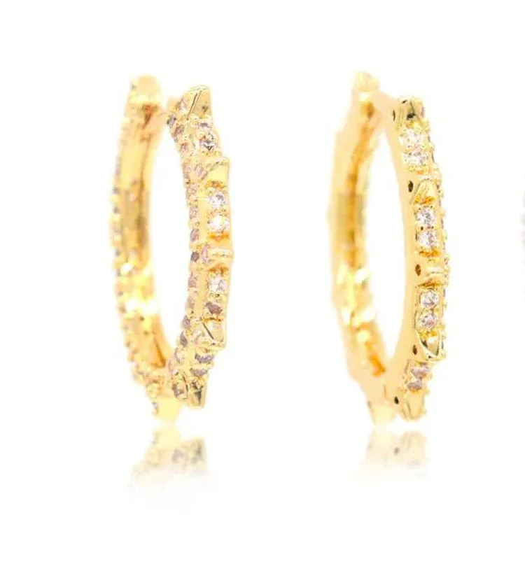 18k Pave Spiked Huggie Earrings-Gold