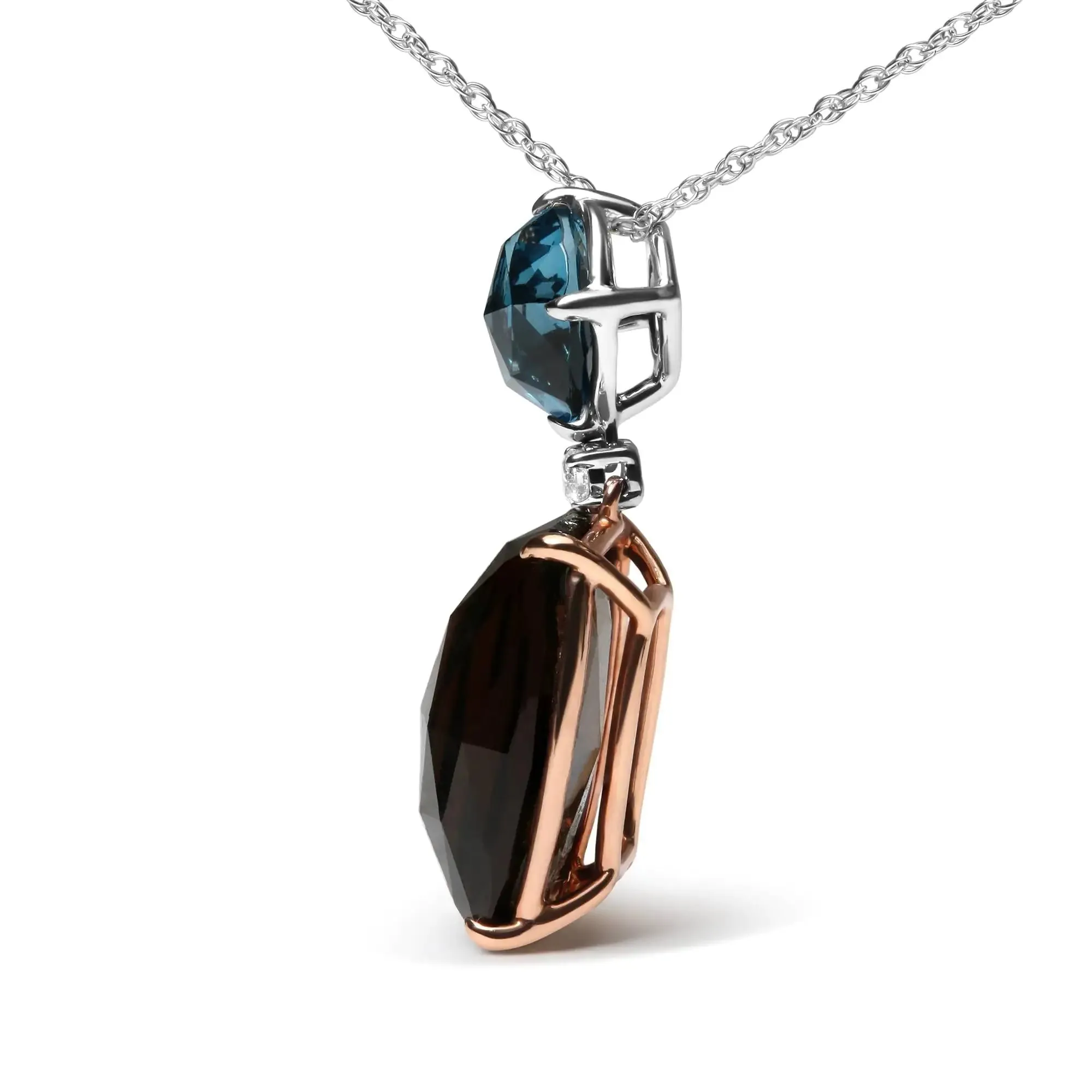18K Rose and White Gold Diamond Accent and London Blue Topaz and Cushion Cut Smoky Quartz Gemstone Dangle Drop 18" Pendant Necklace (G-H Color, SI1-SI2 Clarity)