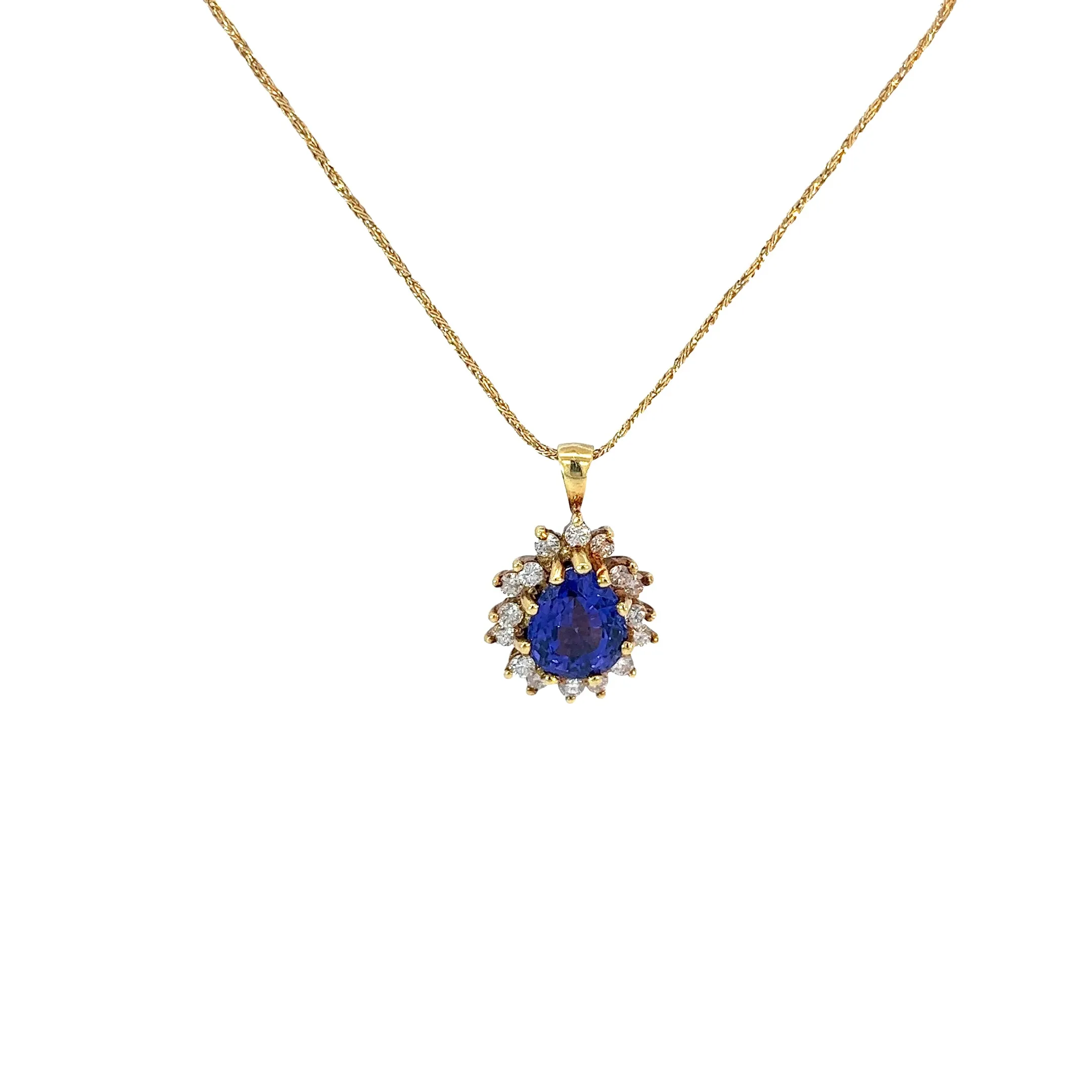 18k Yellow Gold 2.00ct Pear Shape Tanzanite and .40ct F VS2 Round Diamond Necklace