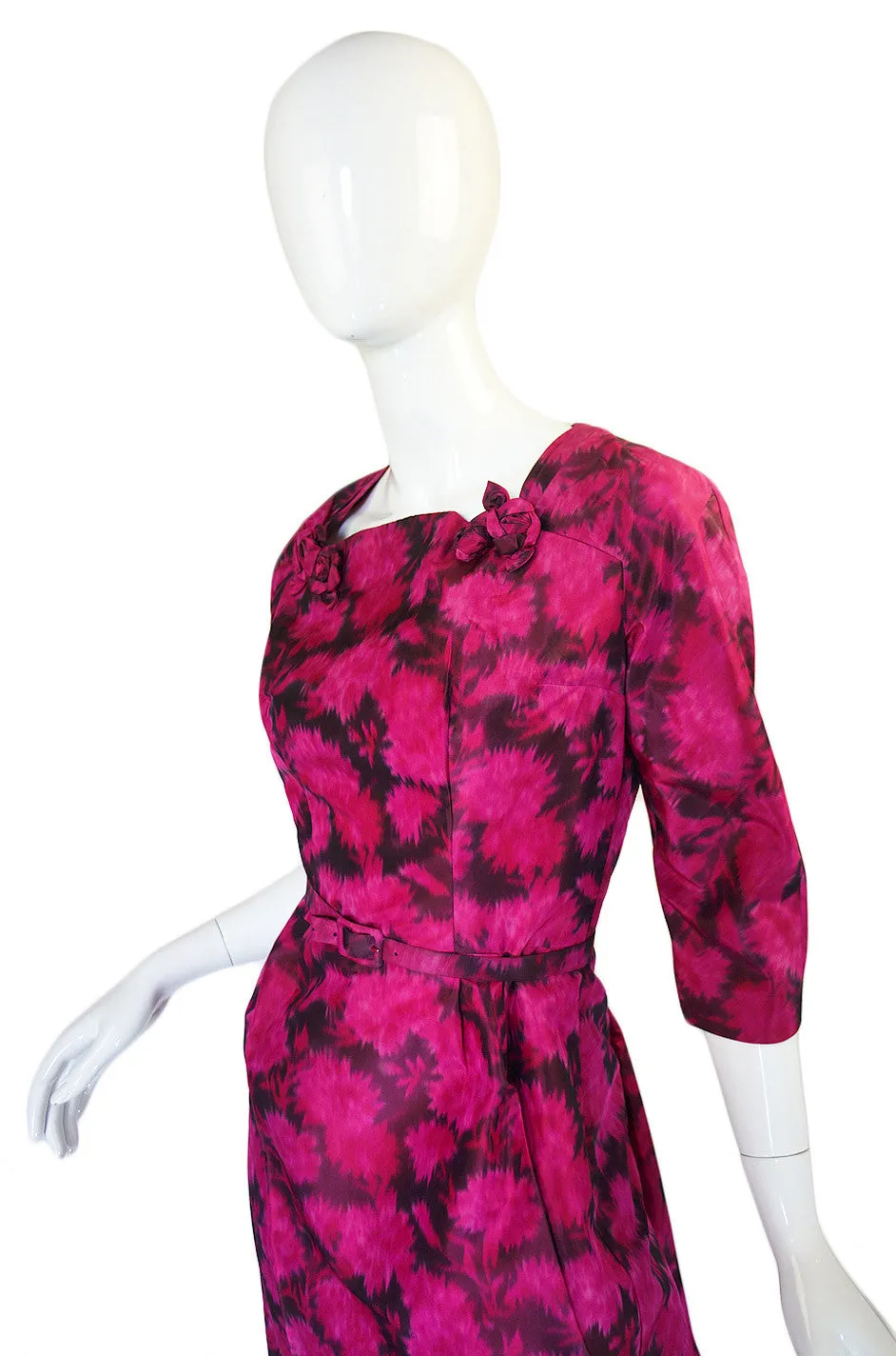 1950s Pink Floral Silk Cocktail Dress