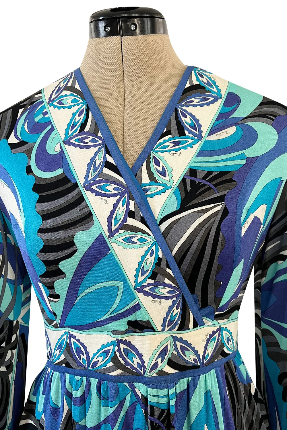 1960s Emilio Pucci Ocean Blue Printed Silk Jersey Dress w Bold Floral Print