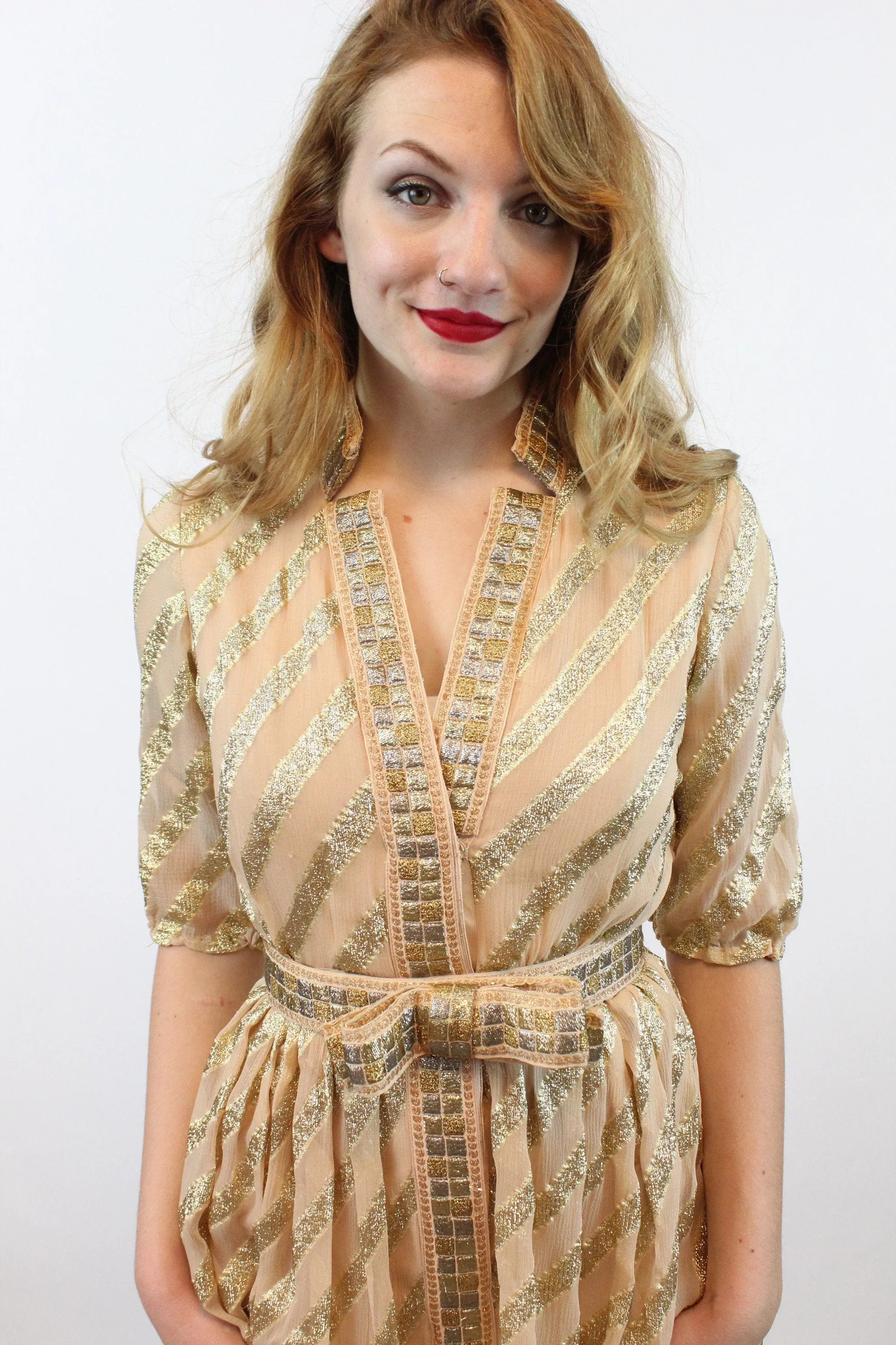 1960s TRAVILLA gold sheer silk bow belt dress xs small | new winter