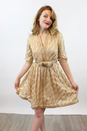 1960s TRAVILLA gold sheer silk bow belt dress xs small | new winter