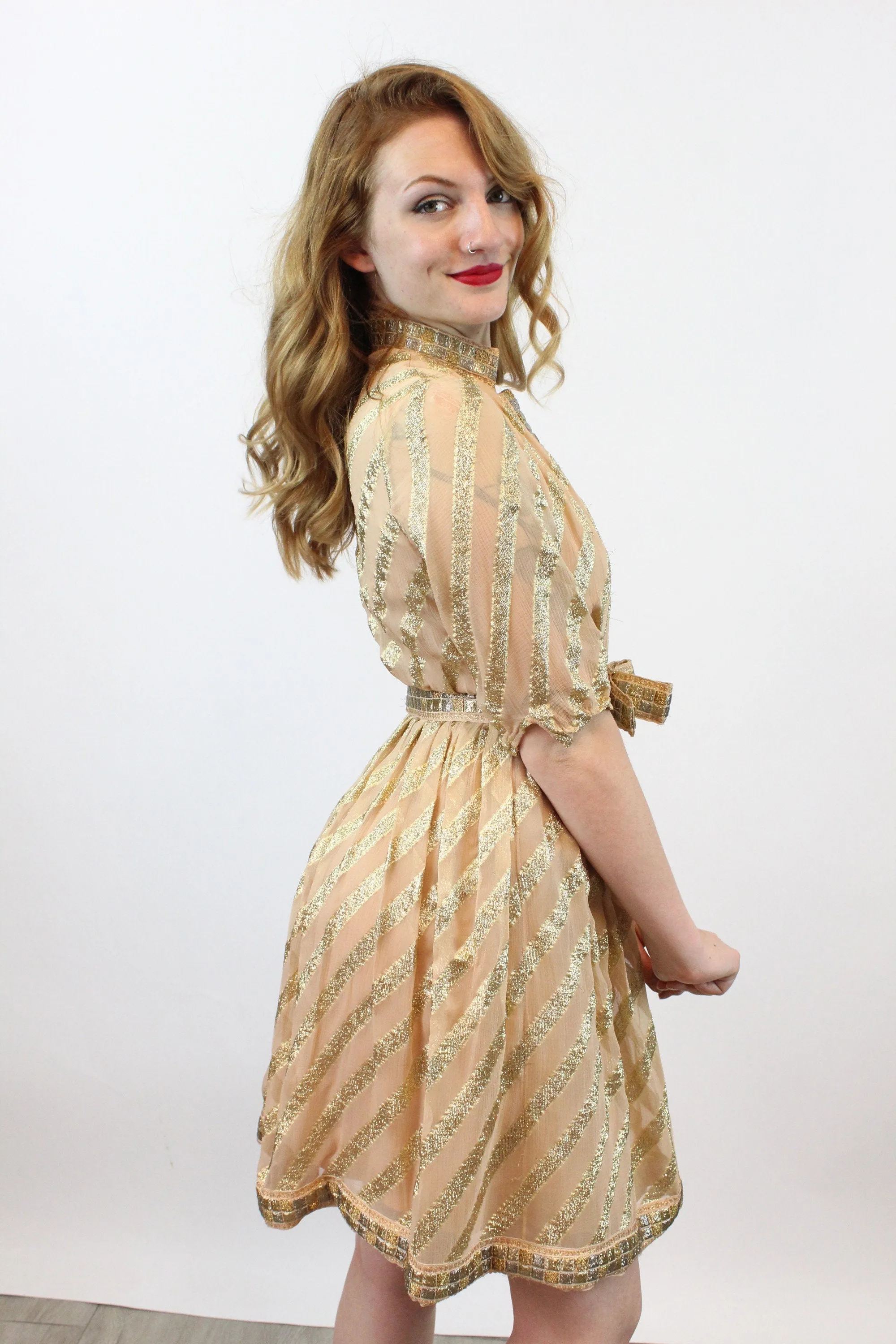 1960s TRAVILLA gold sheer silk bow belt dress xs small | new winter