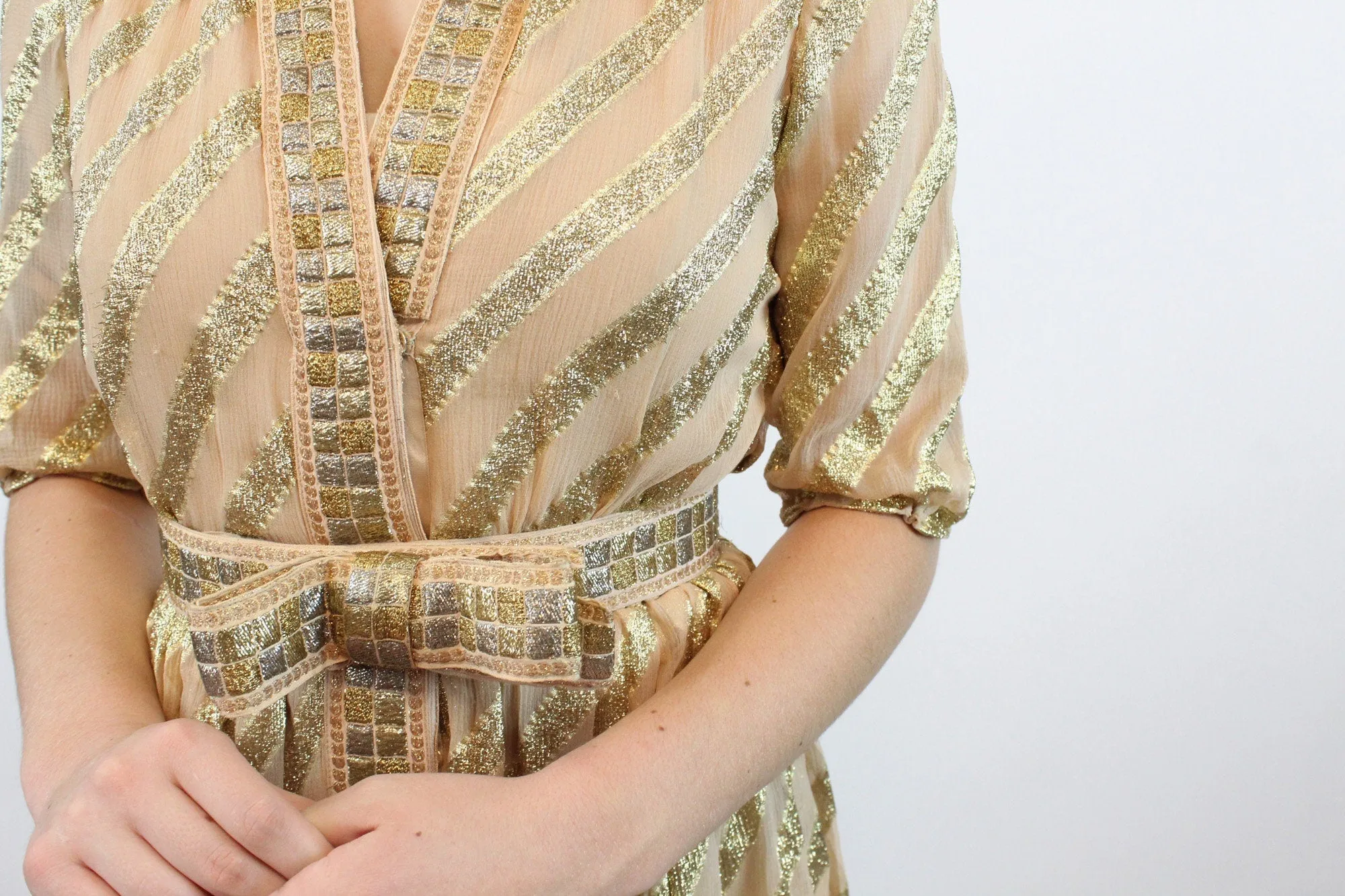 1960s TRAVILLA gold sheer silk bow belt dress xs small | new winter