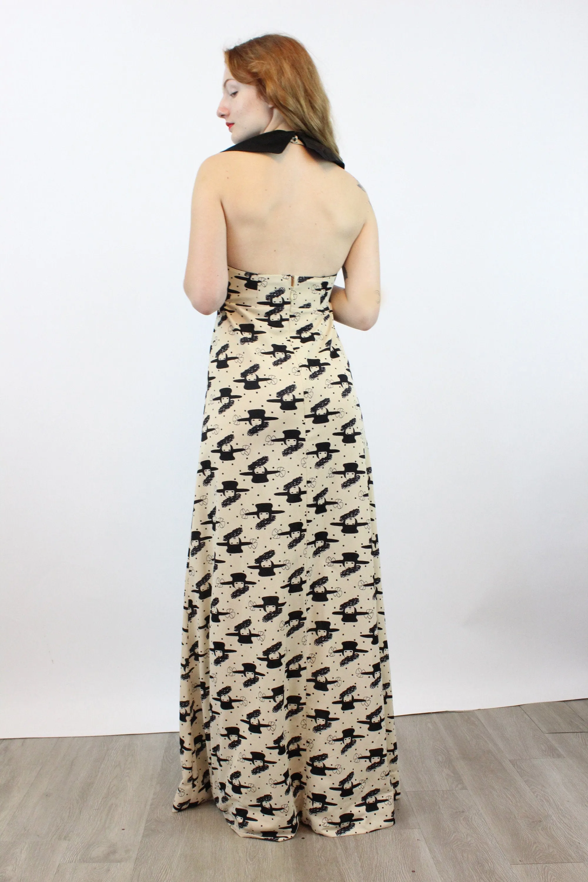 1970s NOVELTY ART DECO face print halter dress maxi small | new spring summer