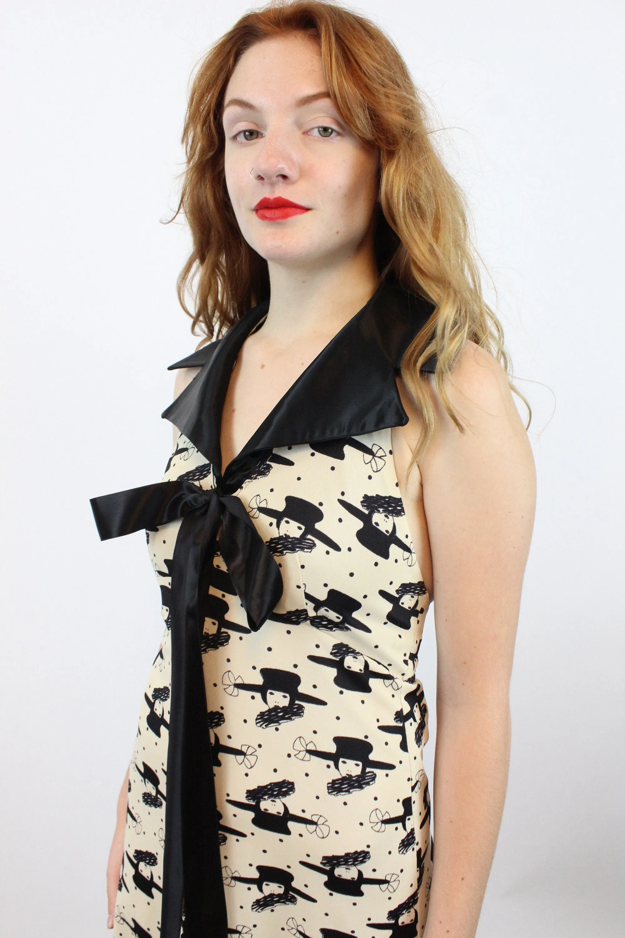 1970s NOVELTY ART DECO face print halter dress maxi small | new spring summer