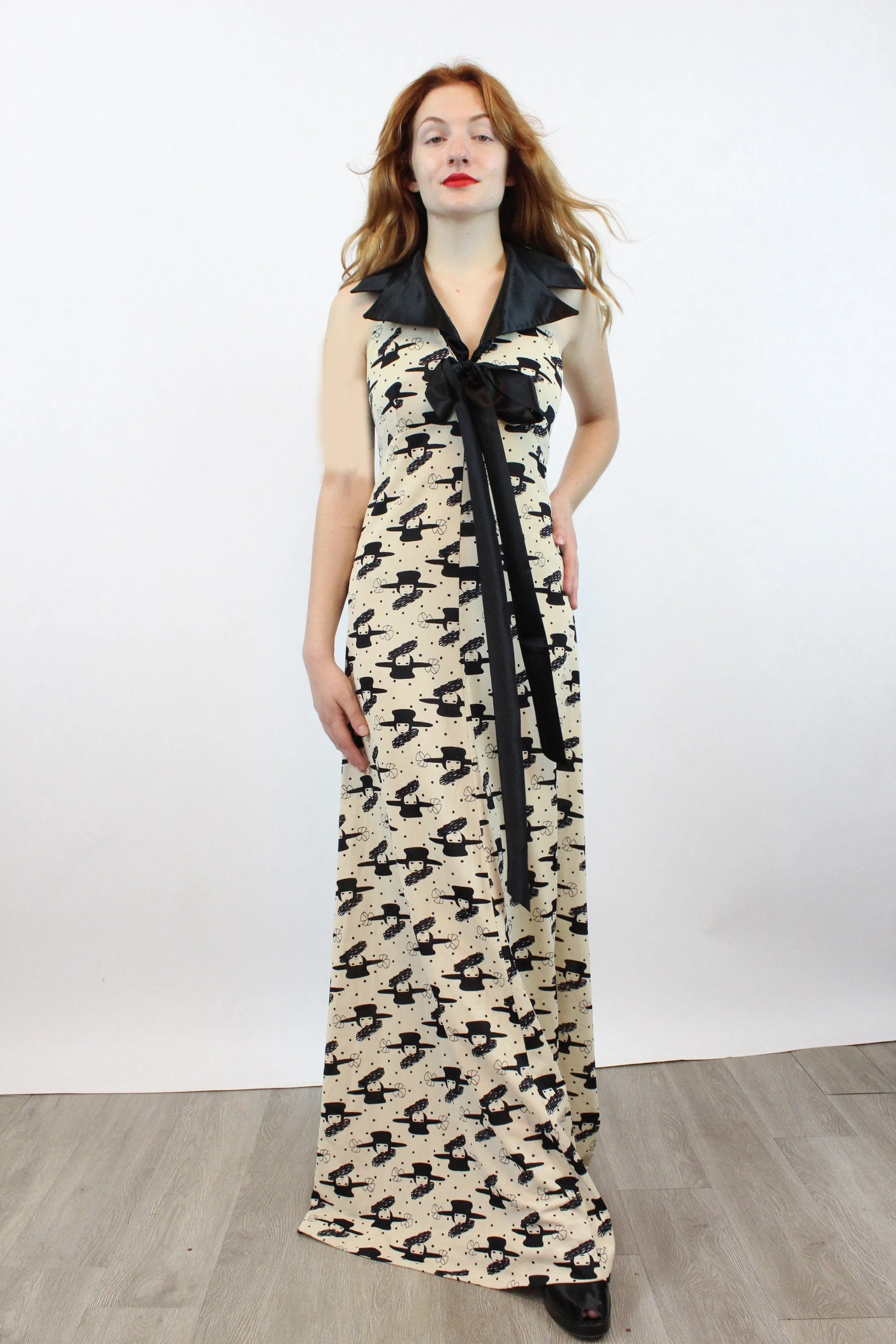 1970s NOVELTY ART DECO face print halter dress maxi small | new spring summer