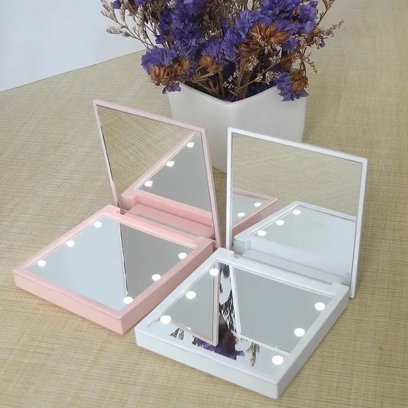 1PC 6 LED Lamps Women Foldable Makeup Mirrors Lights Lady Cosmetic Hand Folding Portable Compact Pocket Mirror Makeup Tools