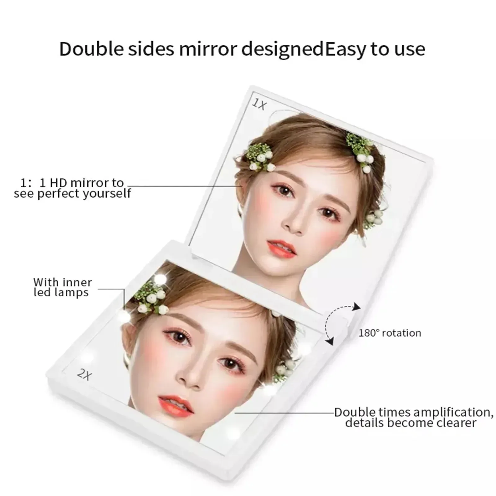 1PC 6 LED Lamps Women Foldable Makeup Mirrors Lights Lady Cosmetic Hand Folding Portable Compact Pocket Mirror Makeup Tools