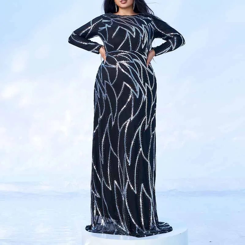 1XL-4XL Long Sleeves Sequin Black Formal Derss Prom Gowns