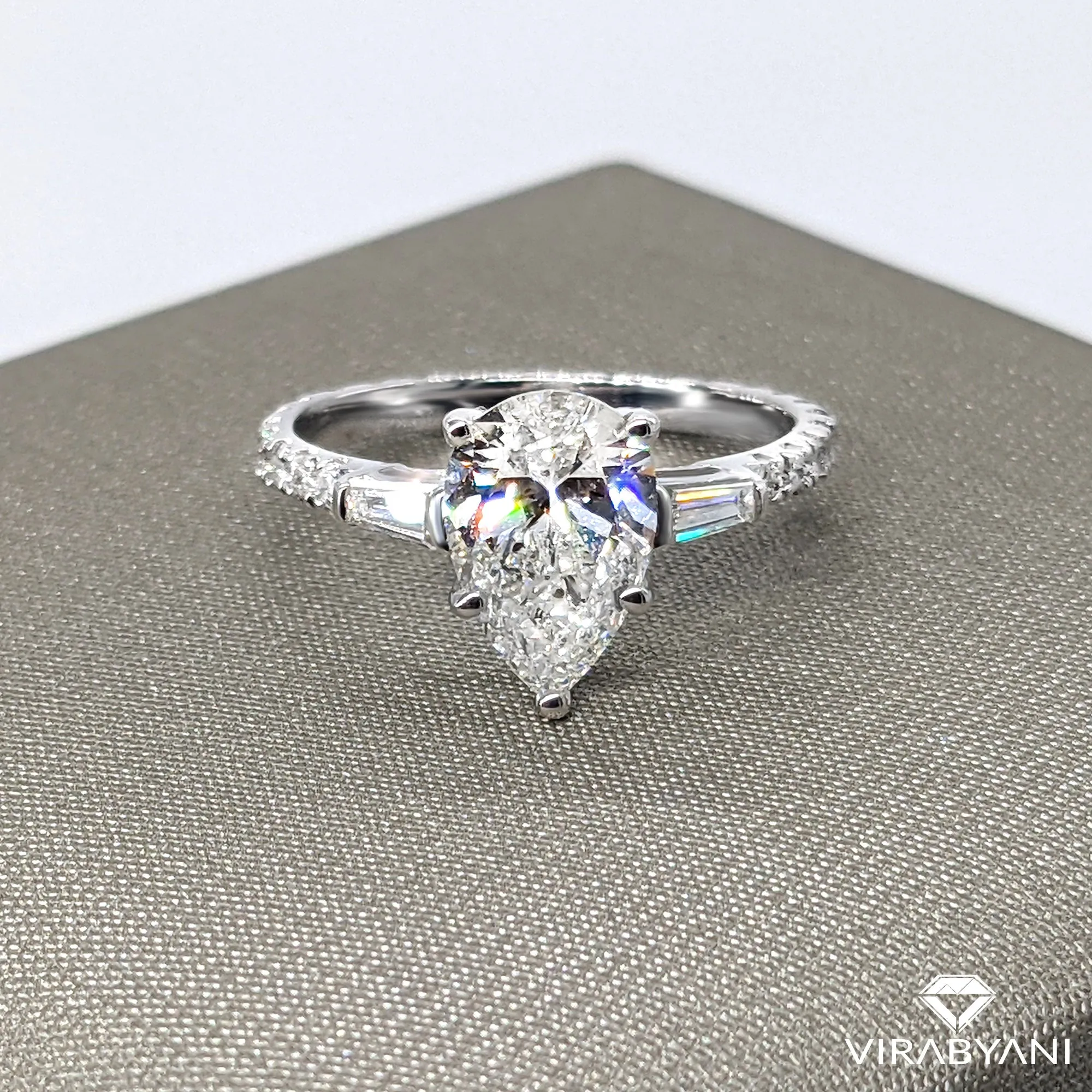 2.00 ctw Pear Diamond Three-Stone Engagement Ring Side Tapered Baguettes