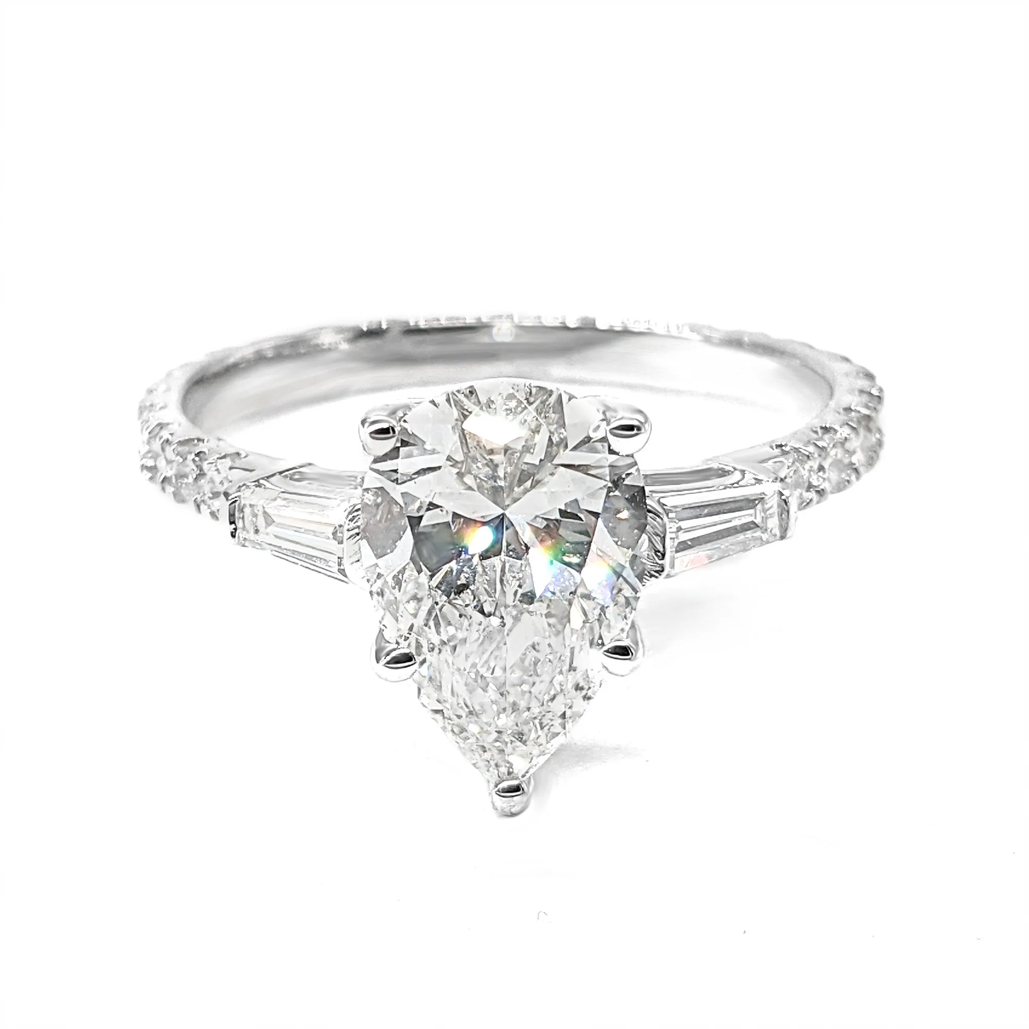 2.00 ctw Pear Diamond Three-Stone Engagement Ring Side Tapered Baguettes