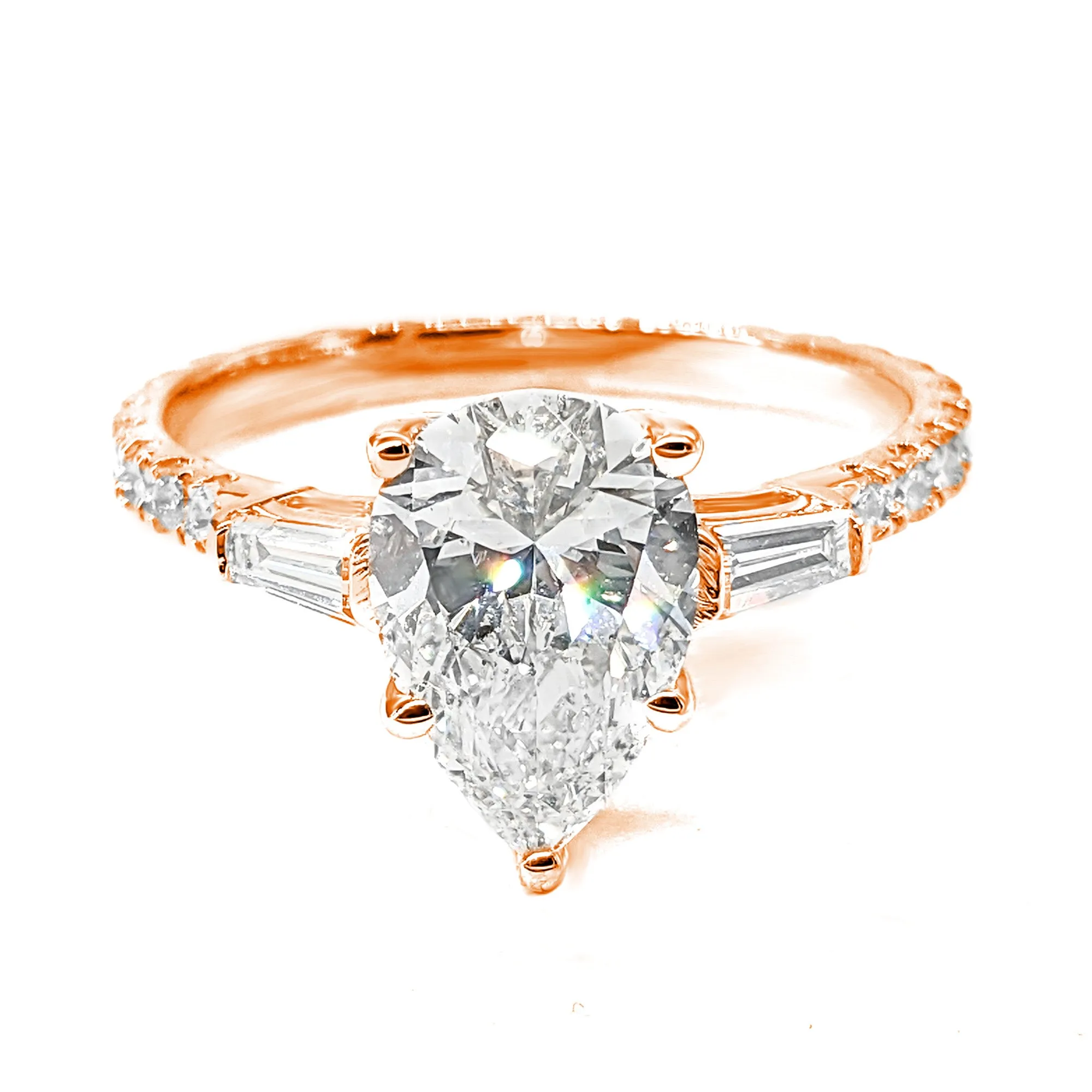 2.00 ctw Pear Diamond Three-Stone Engagement Ring Side Tapered Baguettes