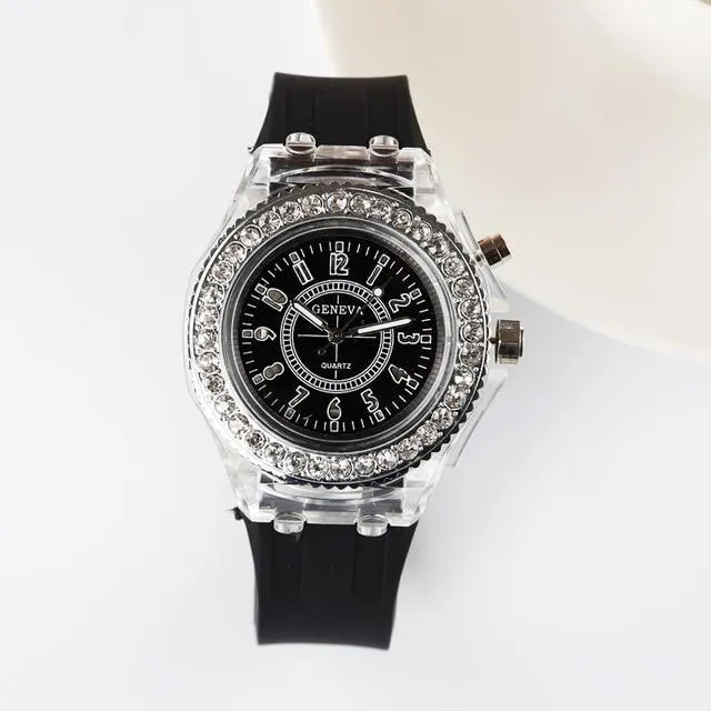 2019 Fashion Silicone Diamond Rhinestone Watch LED Luminous Colorful Lights Watch Women Ladies Quartz Wristwatch