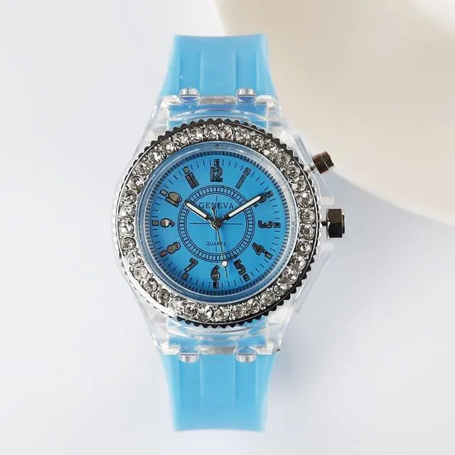 2019 Fashion Silicone Diamond Rhinestone Watch LED Luminous Colorful Lights Watch Women Ladies Quartz Wristwatch