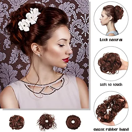 3 Pieces Synthetic Bun Hairpiece Scrunchies Hair Bun Extensions Messy Curly Hair Scrunchies Hairpieces Synthetic Donut Updo Hair Pieces Synthetic Chignon with Elastic Rubber Band (Dark Brown)