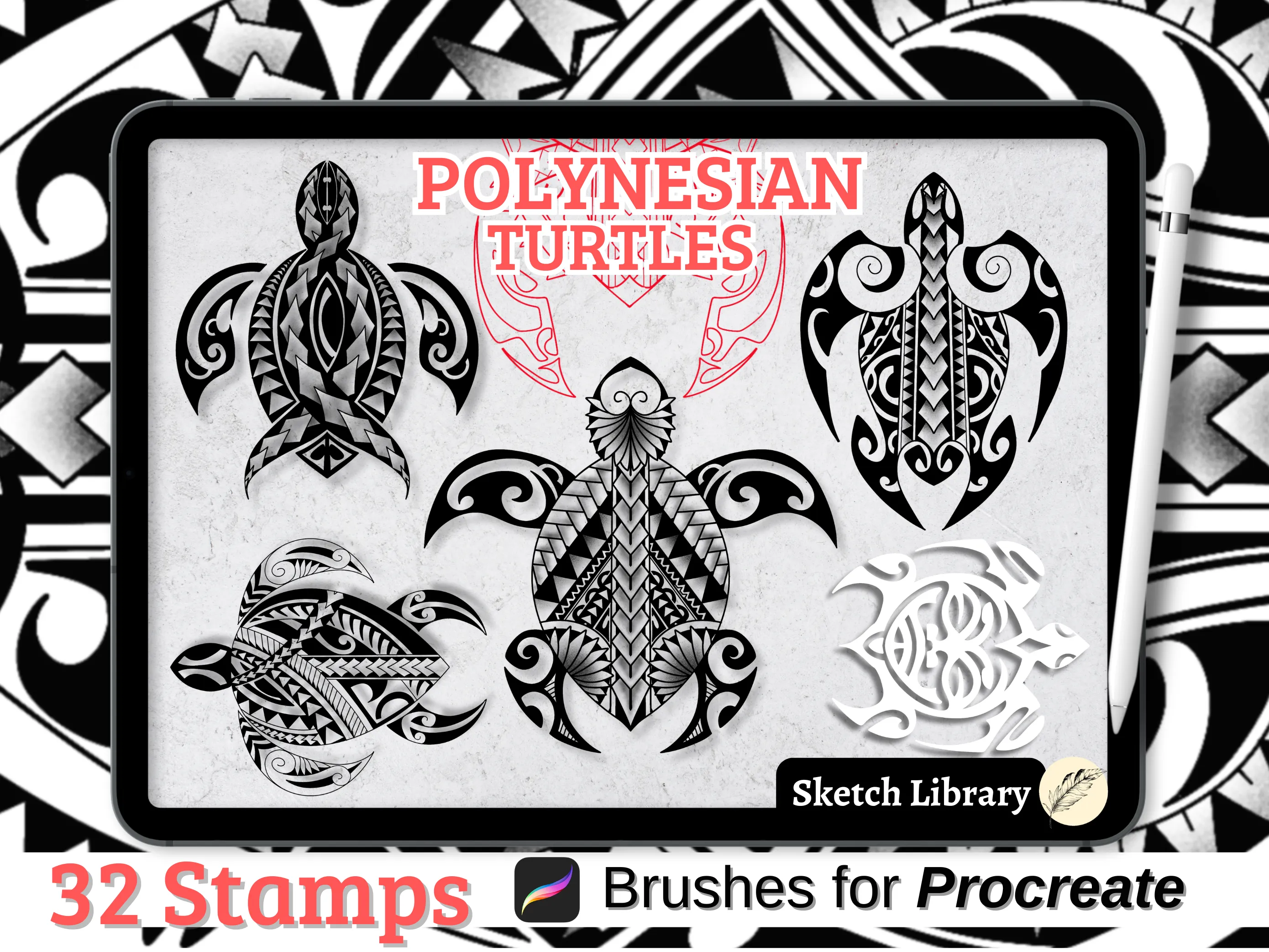 32 Polynesian Turtle Tattoo Brushes for Procreate, Tattoo Stamps for iPad & iPad Pro, Outline & Shading Versions, Traditional Polynesian Designs
