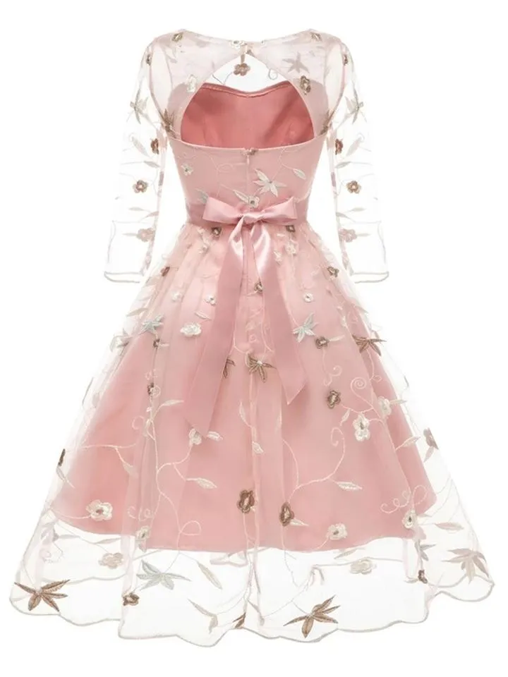 3/4 Sleeve 1950S Elegant Lace Floral Embroidery Swing Dress