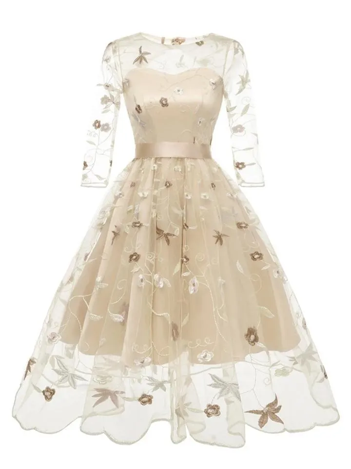 3/4 Sleeve 1950S Elegant Lace Floral Embroidery Swing Dress