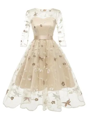 3/4 Sleeve 1950S Elegant Lace Floral Embroidery Swing Dress