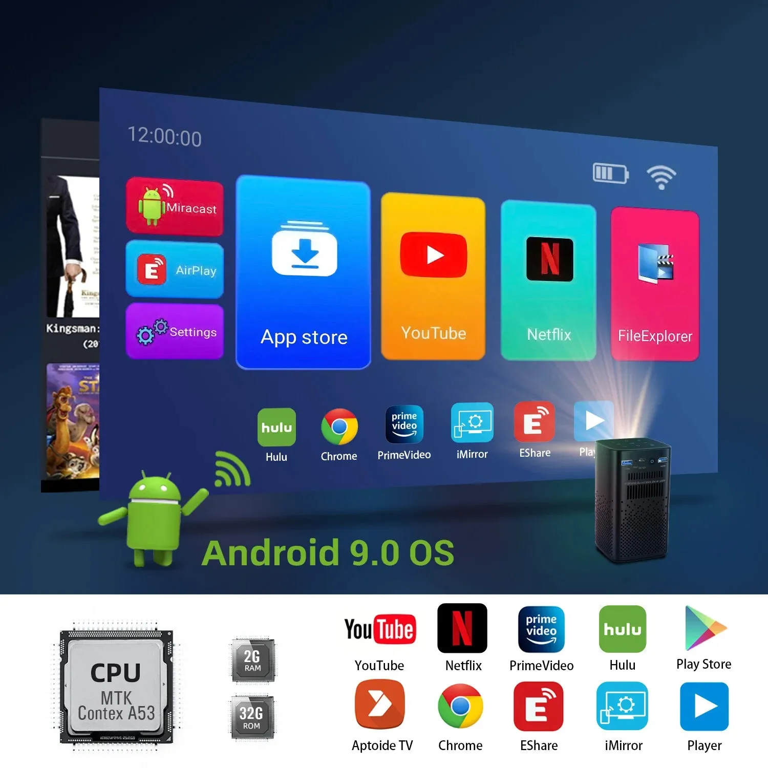 3D 4K Smart Android Mini Projector 1080P LED WiFi Portable Battery