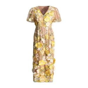 3D Flower Midi Dress Puff Sleeve Embroidered Midi Length Dress