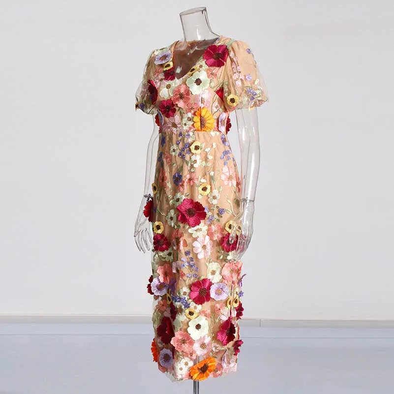 3D Flower Midi Dress Puff Sleeve Embroidered Midi Length Dress