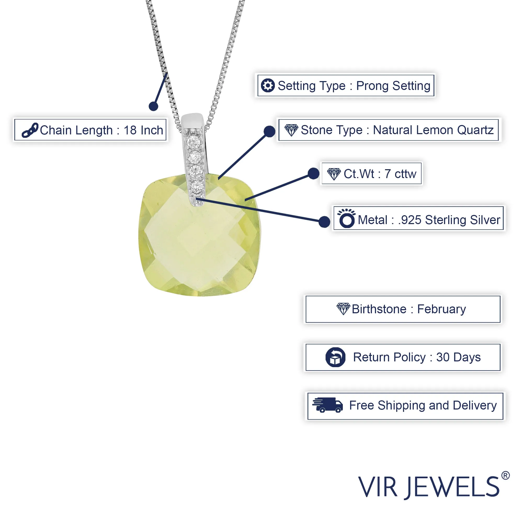 7 cttw Cushion Cut Lemon Quartz Pendant .925 Sterling Silver with 18 Inch Chain