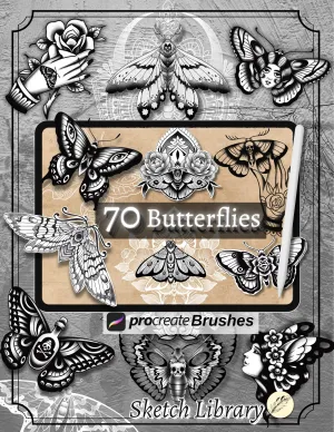 70 Butterfly Tattoo Brushes for Procreate, tattoo Stamps, for iPad & iPad Pro, old school, mandala style, Stencil, apprentice, flash tattoo