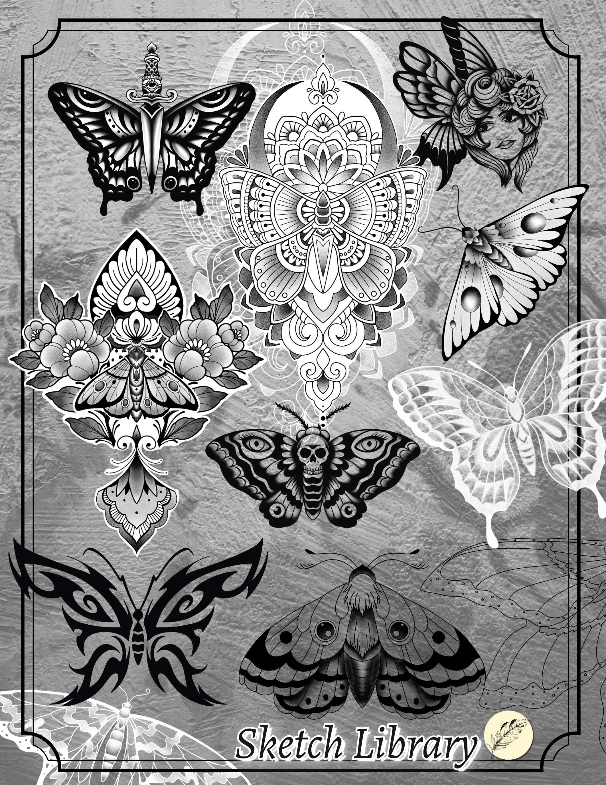 70 Butterfly Tattoo Brushes for Procreate, tattoo Stamps, for iPad & iPad Pro, old school, mandala style, Stencil, apprentice, flash tattoo
