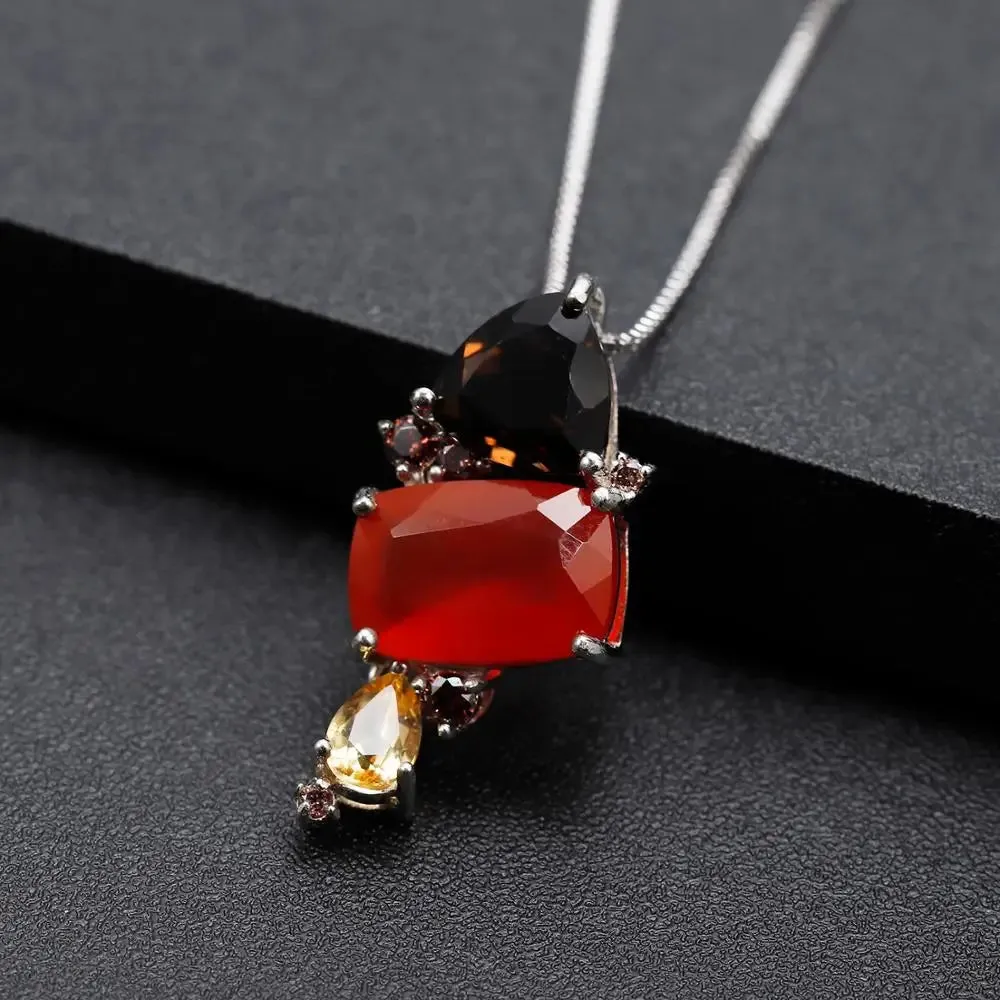 925 Sterling Silver Necklace with Natural Carnelian Red Agate Pendant