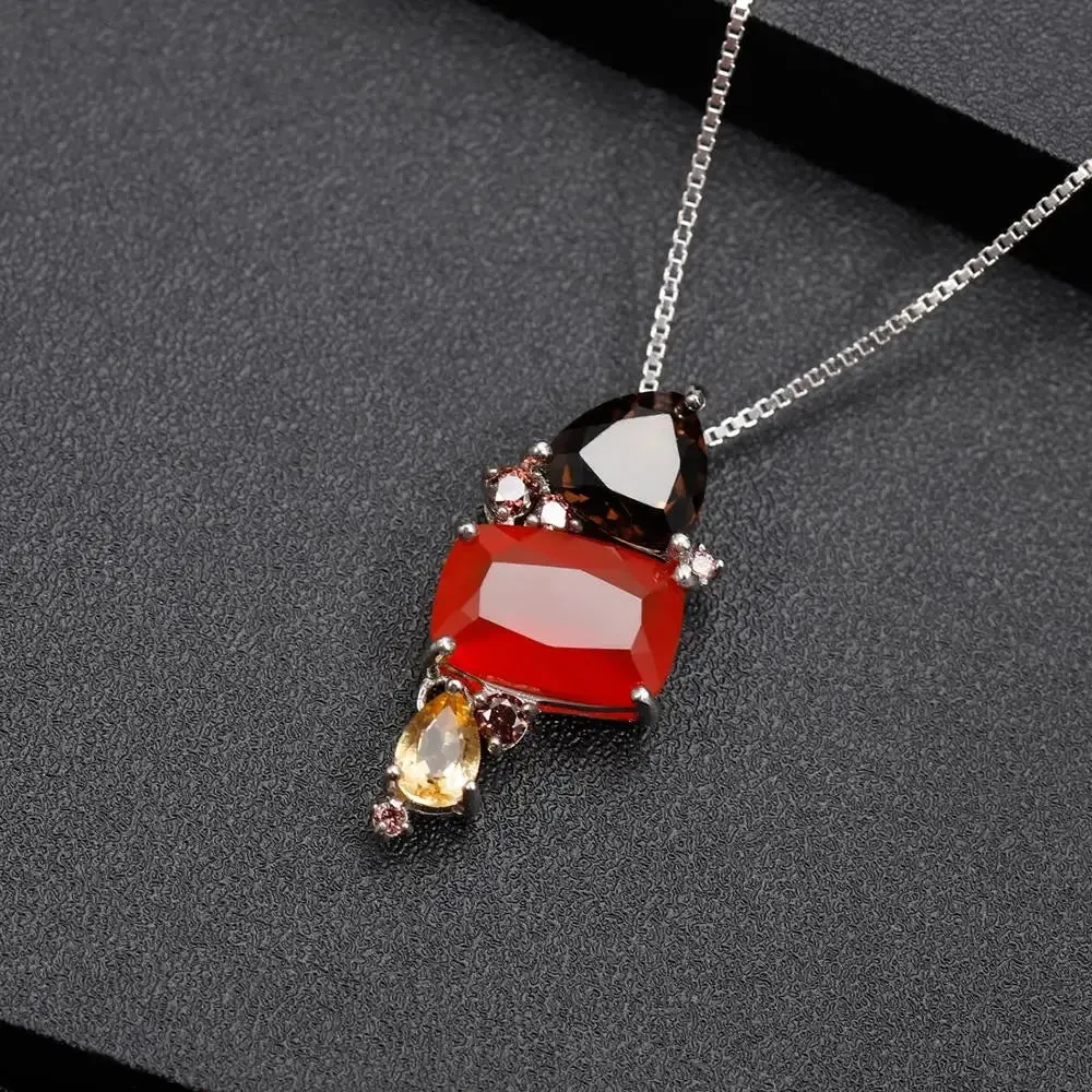 925 Sterling Silver Necklace with Natural Carnelian Red Agate Pendant