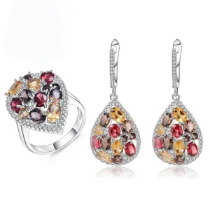 925 Sterling Silver Smoky Quartz & Citrine Jewelry Set – Drop Earrings & Ring