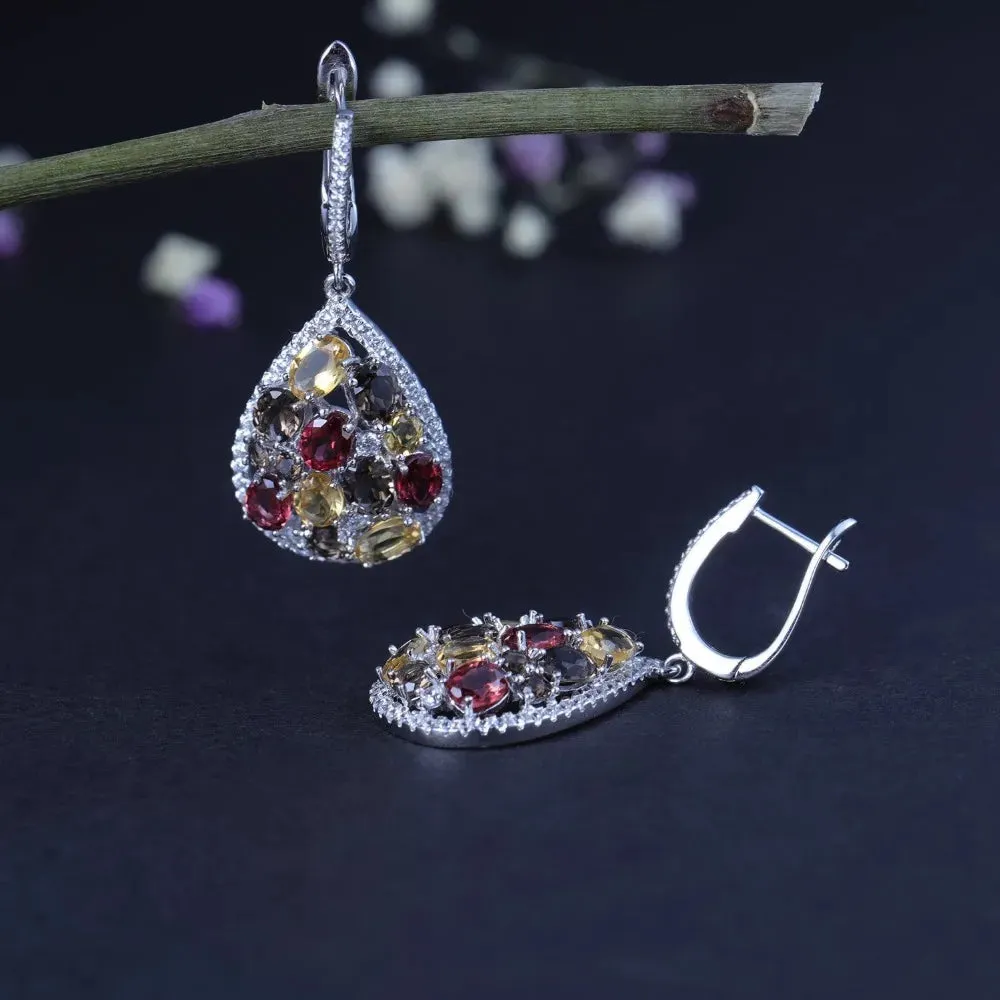 925 Sterling Silver Smoky Quartz & Citrine Jewelry Set – Drop Earrings & Ring