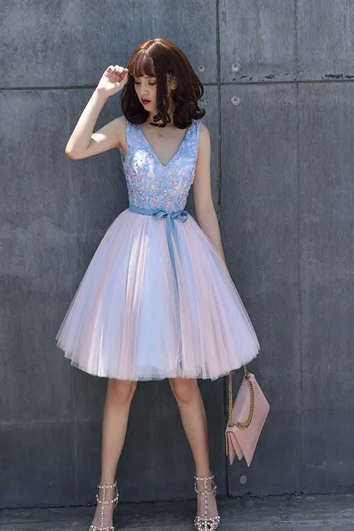 A Line Lace V Neck Elegant Homecoming Dress,Short Prom Dresses for Homecoming New OK480