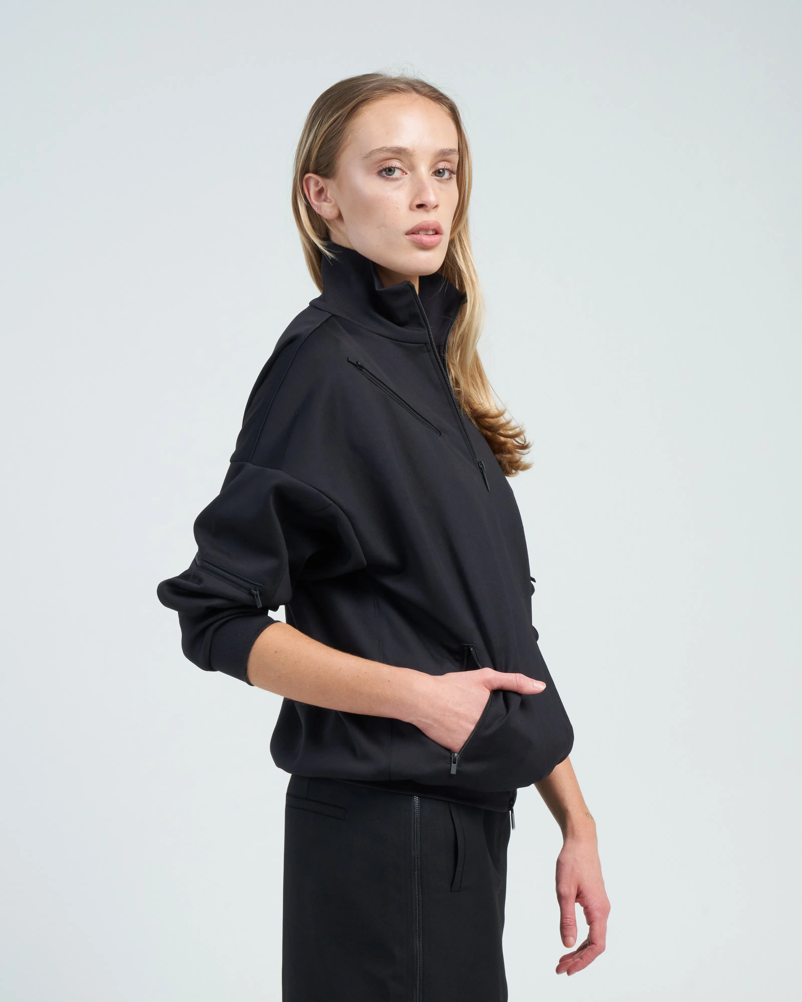 active knit zipper detailed track jacket - black