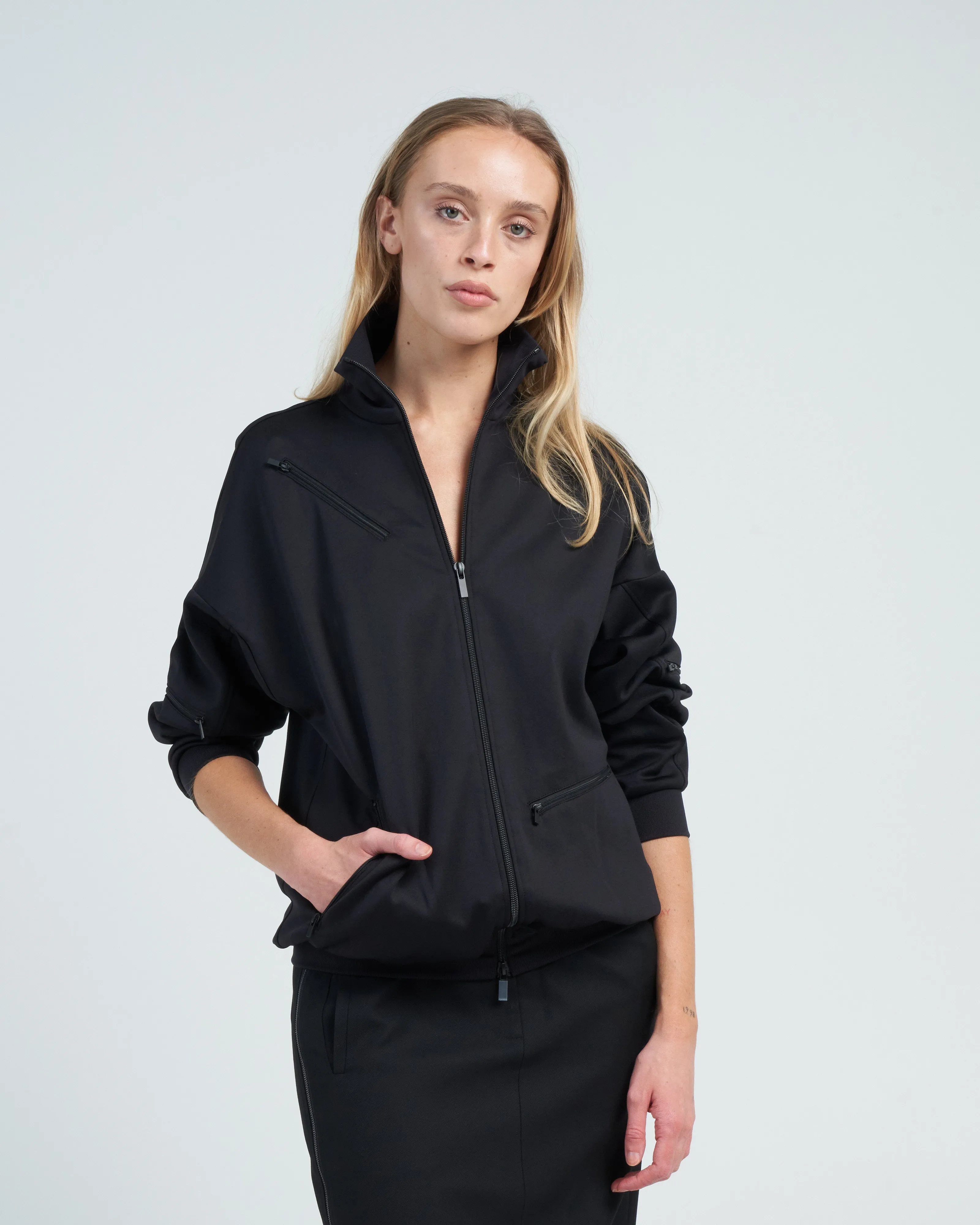 active knit zipper detailed track jacket - black